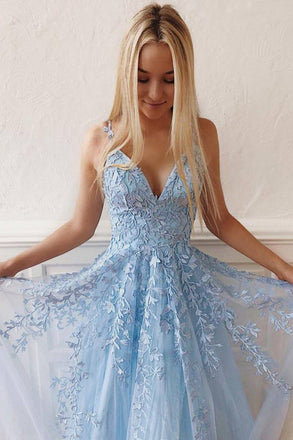 Light Sky Blue Straps V Neck Prom Dress with Lace, Backless Long Formal Dresses UQ1736