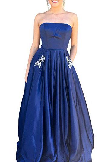 Royal Blue Strapless Bridesmaid Dress with Pockets, A Line Satin Prom Dress with Beads UQ1854