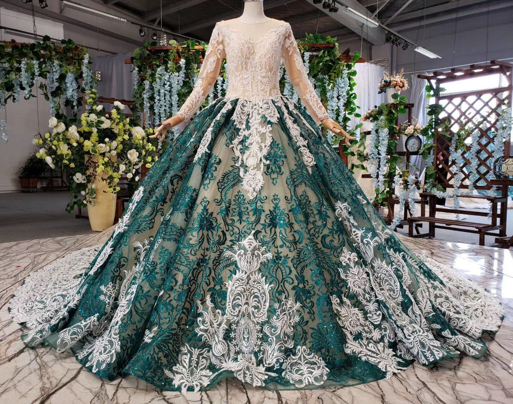 Green Long Sleeves Ball Gown Lace Prom Dress with Appliques, Long Prom Gown UQ2198