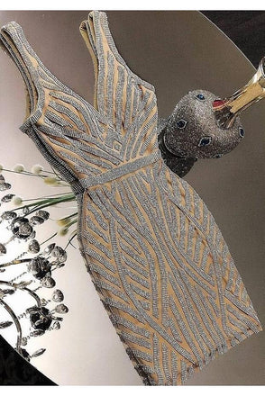 Sheath Sparkly Short Prom Dress V Neck Sleeveless Short Homecoming Dresses UQ1848