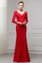 Red Long Sleeves V Neck Mermaid Floor Length Evening Dress with Lace UQ2330