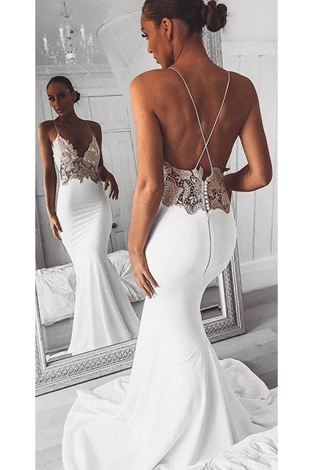 Spaghetti Straps Mermaid Beach Wedding Dresses, Long Prom Dress with Lace UQ1789
