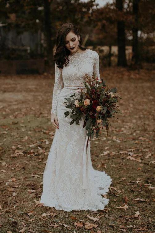 Vintage Long Sleeves Lace Wedding Dresses Backless Rustic Lace Wedding Dresses UQ2262