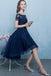 Dark Blue Off the Shoulder Tulle Homecoming Dress with Lace Appliques, High Low Dress UQ1725