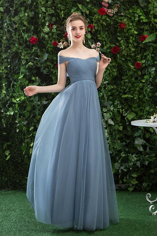 Cheap Off Shoulder Tulle Long Prom Dress with Short Sleeves,  Simple Bridesmaid Dresses N2323