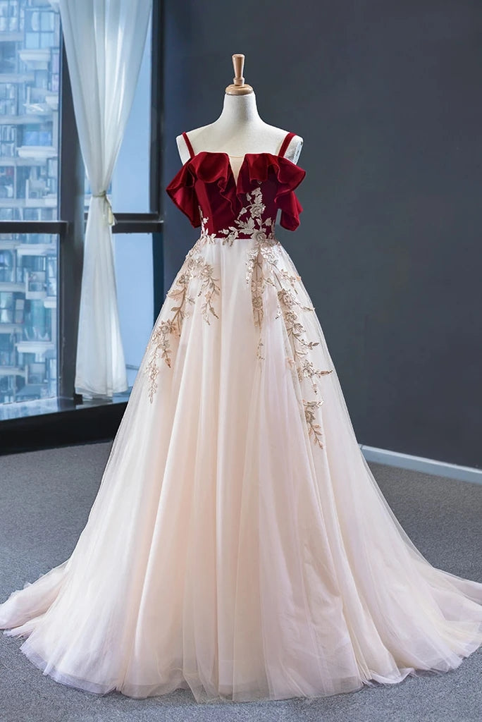 Uniquedresss Vintage Red Straps Tulle Formal Dress, Elegant Applique P Uniquedresss Vintage Red Straps Tulle Formal Dress, Elegant Applique P