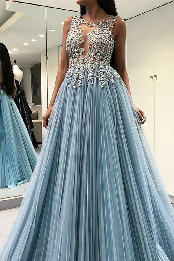 A Line Sleeveless See Through Tulle Prom Dress with Appliques, Floor Length Formal Dress N2561