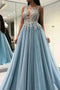 A Line Sleeveless See Through Tulle Prom Dress with Appliques, Floor Length Formal Dress UQ2561