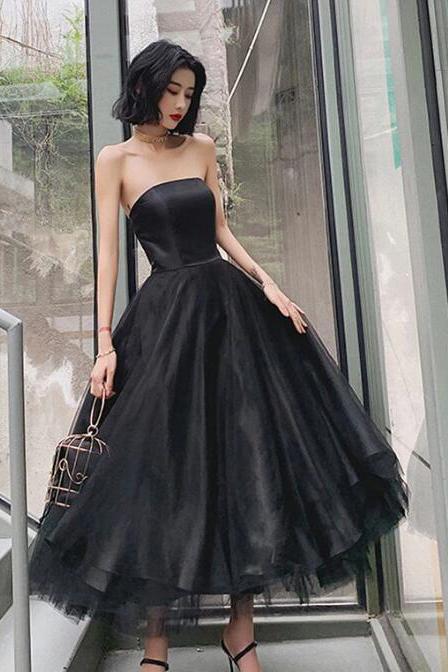 Black Strapless Tulle Homecoming Dress Puffy Ankle Length Formal