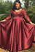 A Line V Neck Satin Prom Dress with 3/4 Sleeves, Floor Length Appliques Plus Size Dress N2215