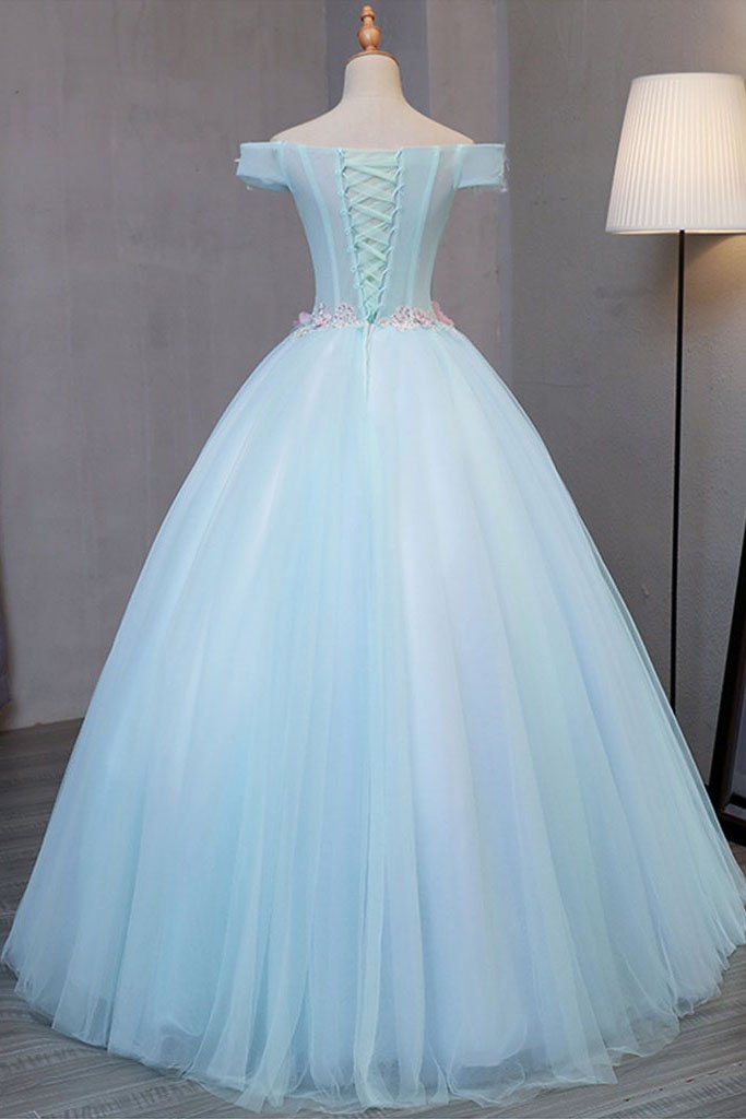 Sky Blue Tulle Princess Off Shoulder Long Prom Dress, Quinceanera Dres ...