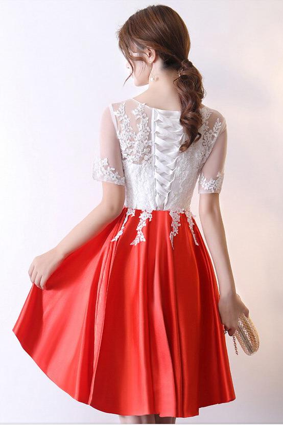 Red Knee Length Satin Homecoming Dress with Short Sleeves, Short Prom Dress with Lace UQ2224