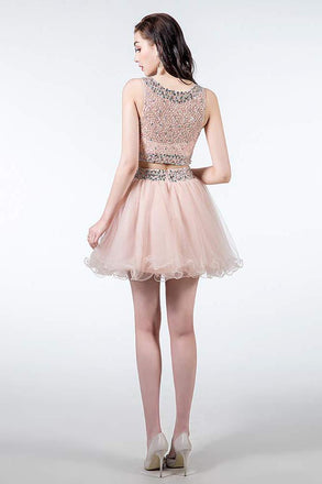 Sparkly Two Piece Homecoming Dresses Short Beaded Tulle Prom Gowns with Sequins UQ2011