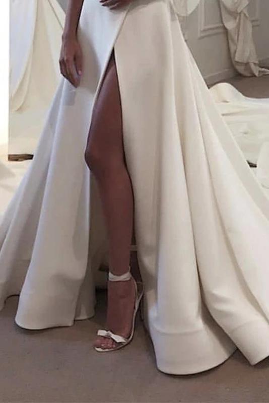 Strapless Bodice Corset Leg Slit Satin Wedding Dresses, Backless Long Bridal Dresses UQ1995