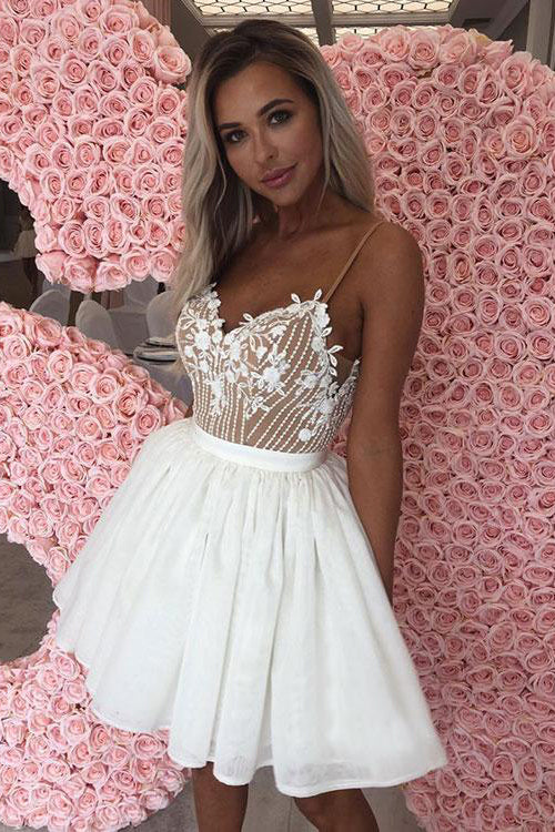 White Spaghetti Straps Homecoming Dress with Appliques, Cocktail Dresses UQH0042