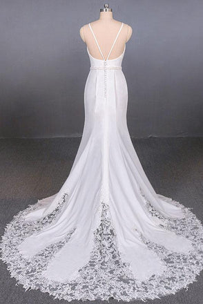 Simple Mermaid Sleeveless Wedding Dress with Lace, Backless Bridal Dress UQ2355