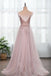 Dusty Pink Spaghetti Straps Gorgeous Beading Prom Dress, A Line Split Tulle Evening Dresses UQ2403
