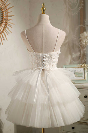 Ivory Tiered Spaghetti Straps Tulle Homecoming Dresses, Short Prom Gown UQH0108