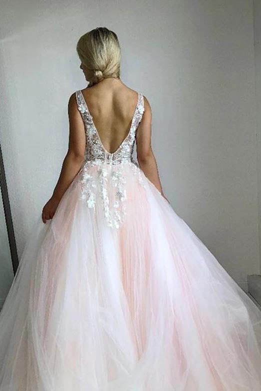 Puffy Deep V Neck Sleeveless Tulle Prom Dresses, A Line Appliqued Floor Length Party Dress UQ2571