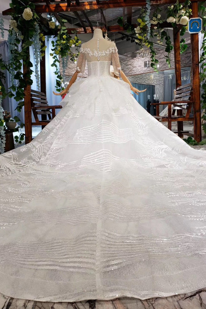 Ball Gown Half Sleeves Lace Bridal Dress with Sequins, Sheer Neck Long Wedding Dress UQ1970