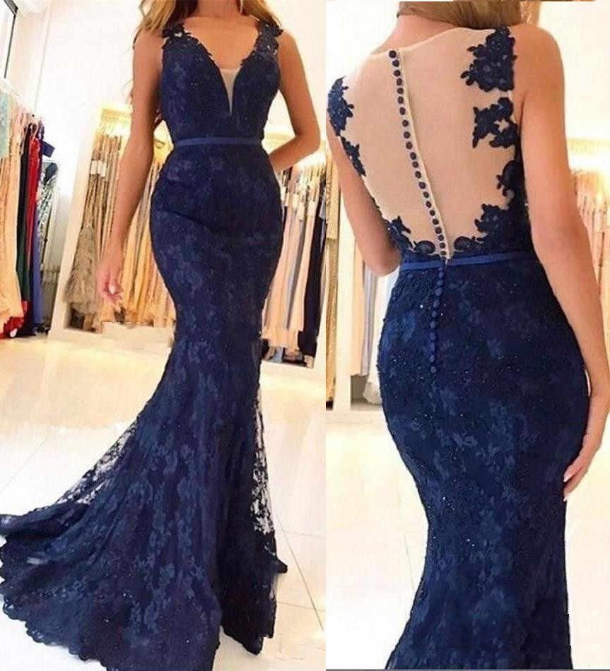 Navy Blue Sleeveless Lace Formal Dresses, Mermaid Sheer Back Lace Prom Gown UQ2028