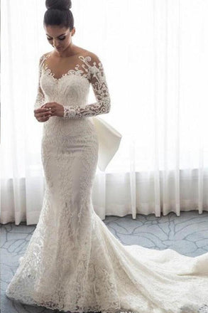 Gorgeous Lace Wedding Dress with Long Sleeves, Bowknot Mermaid Bridal Dresses UQ1765