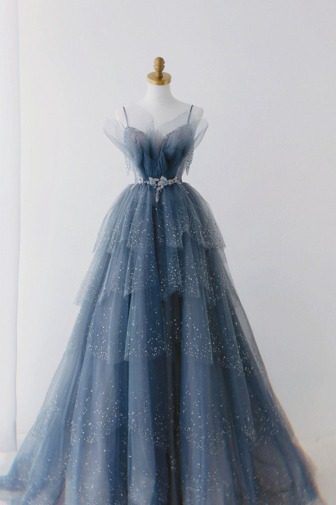 Gorgeous Blue Sparkly Tulle Beaded Prom Dress, Tiered Formal Gown with Rhinestone UQP0142