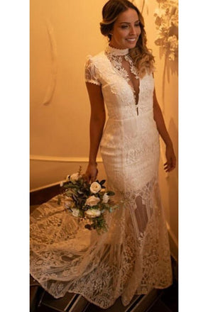 Vintage High Neck Lace Wedding Dress with Short Sleeves, See Through Bridal Dresses UQ1786