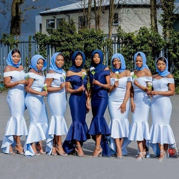 Light Blue Off the Shoulder Mermaid Bridesmaid Dress with Ruffles UQB0023