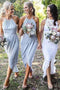 Grey-blue Halter Chiffon Tea-Length Bridesmaid Dresses, Wedding Party Dress UQB0022