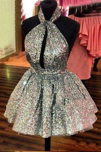 Silver Halter Sparkly Sequin Homecoming Dress, Backless Short Prom Dress UQH0050