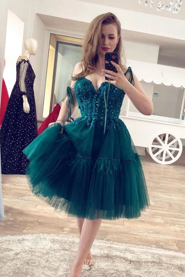 Dark Green Sweetheart Tulle Homecoming Dress with Bead, Short Cocktail dress UQH0065