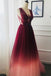 A Line V Neck Tulle Ombre Prom Dress, Appliqued Party Dresses UQ2447