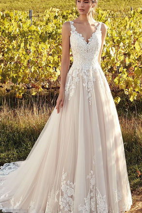 Elegant Sleeveless V Neck Tulle Wedding Dresses with Lace Appliques, A Line Bridal Dress UQ2374