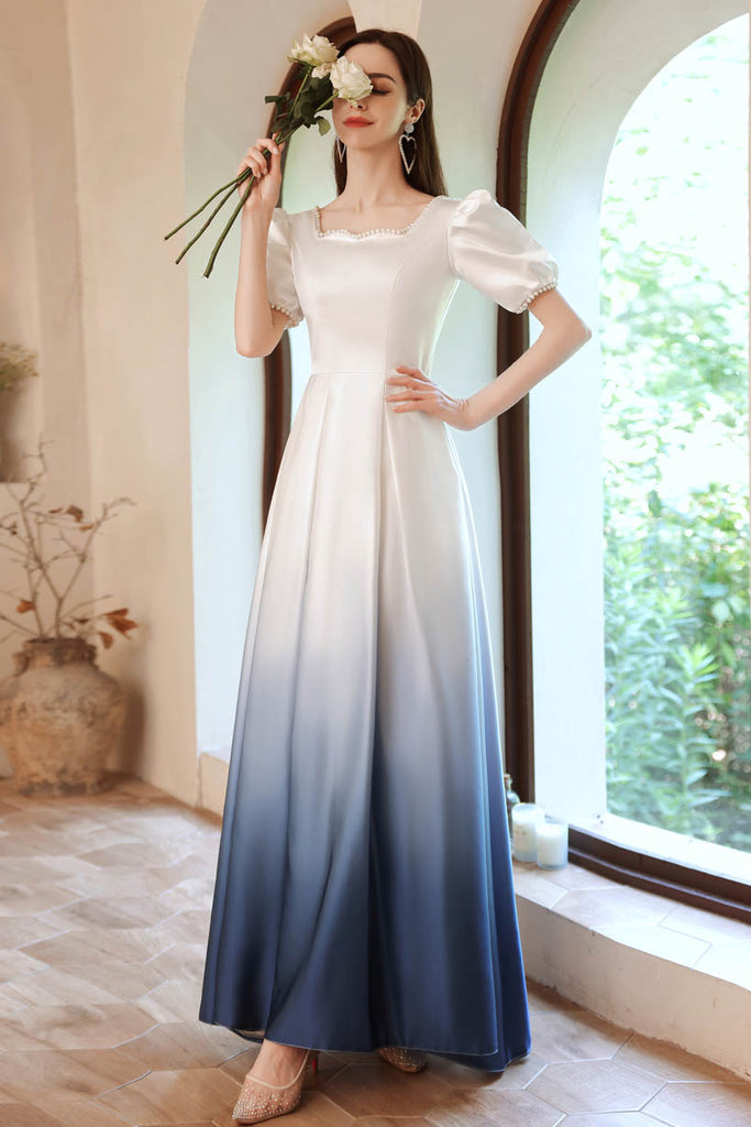 Ombre Short Sleeves Square Neckline Satin Blue Long Prom Dress with Pearls UQP0070