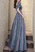 Sparkly Blue Floor Length Prom Dress with Short Sleeves, Glitter Evening Dress UQP0049