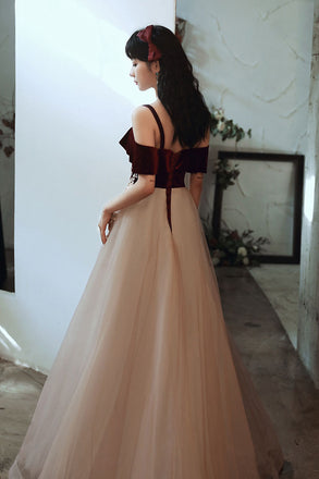 Vintage A Line Burgundy Straps Tulle Formal Dress, Elegant Applique Prom Dress UQP0145