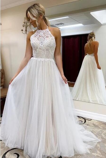 A Line Halter Tulle Wedding Dress with Lace, Backless Beach Wedding Dress with Train UQ2419