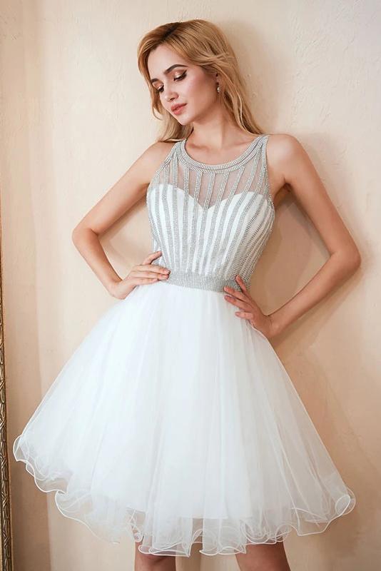 White Sleeveless Puffy Tulle Homecoming Dresses, A Line Short Prom Gown UQ2138