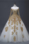 Gold Appliques Puffy Sheer Neck Long Wedding Dresses, Long Sleeves Tulle Bridal Dress UQ1734