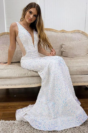 White Deep V Neck Mermaid Prom Evening Gown, Sequined Long Party Dress UQP0115
