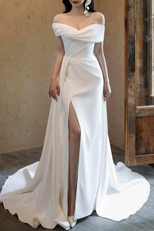 Simple Ivory Off the Shoulder Side Slit Satin Long Wedding Dress, Elegant Bridal Gown UQW0048
