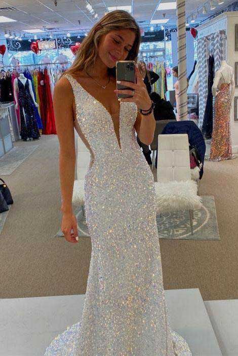 White Deep V Neck Sleeveless Mermaid Prom Evening Gown, Long Party Dress UQP0068