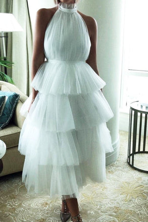 White High Neck Tea Length Sleeveless Backless Cascading Ruffles Tulle Prom Dress UQP0063