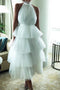 White High Neck Tea Length Sleeveless Backless Cascading Ruffles Tulle Prom Dress UQP0063