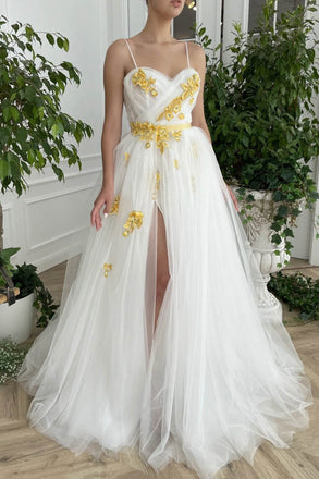 New Style Spaghetti Straps Backless Tulle Prom Dress Formal Gown with Appliques UQP0096