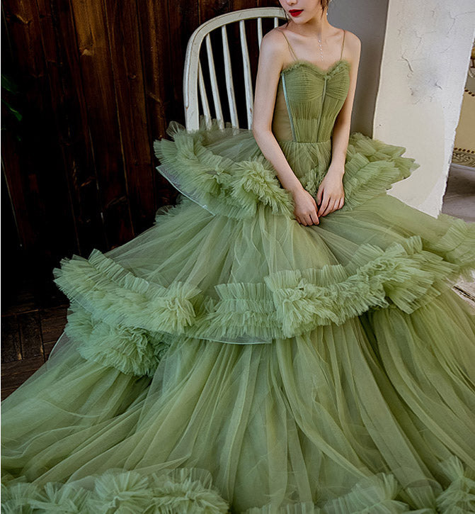 Princess Spaghetti Straps Green Tulle Long Dress A line Tiered Formal Uniquedresss Princess Spaghetti Straps Green Tulle Long Dress A line Tiered Formal Uniquedresss