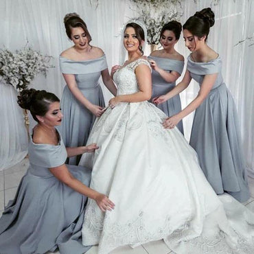 A-Line Off Shoulder Long Satin Bridesmaid Dresses Online, Simple Bridesmaid Dresses UQ2364