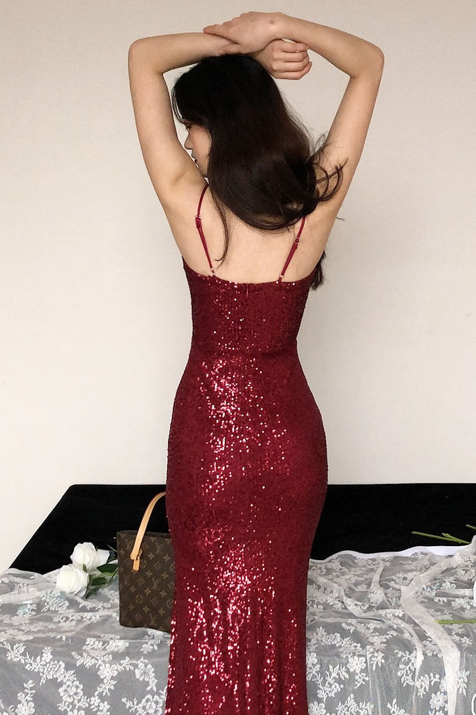 Burgundy Sequined Spaghetti Straps V Neck Prom Gown with Side Slit Sparkly Evening Dress UQP0101