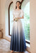 Ombre Short Sleeves Square Neckline Satin Blue Long Prom Dress with Pearls UQP0070